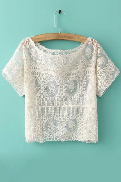 Boat Neck Short Sleeves Lace Sheer Short Blouse&Tee