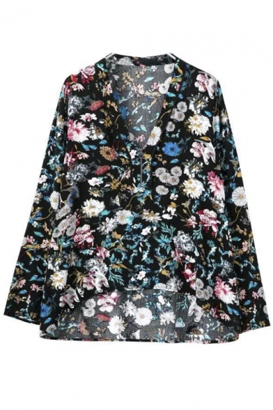 V-Neck Long Sleeve Floral Print High Low Chic Blouse