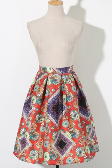 Fashion High Waist Floral&Geometric Print A-Linez Zipper Back Midi Full Skirt