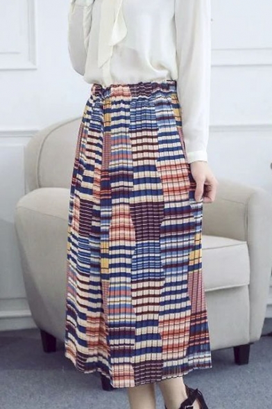 Gathered Paneled Check Pleated Maxi Skirt