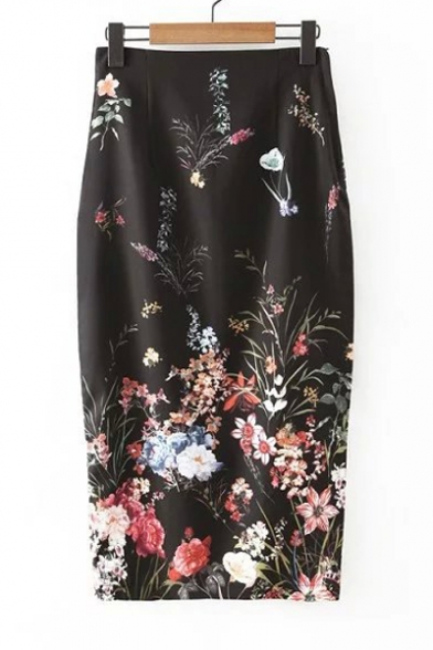 High Waist Floral Print Maxi Zipper Side Chic Skirts
