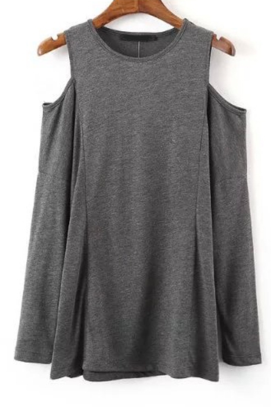 Cut Out Shoulder Round Neck Long Sleees Plain Tee