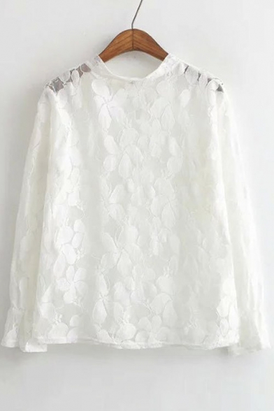 Sheer Jewel Neck Floral Crochet Loose Sleeve Blouse