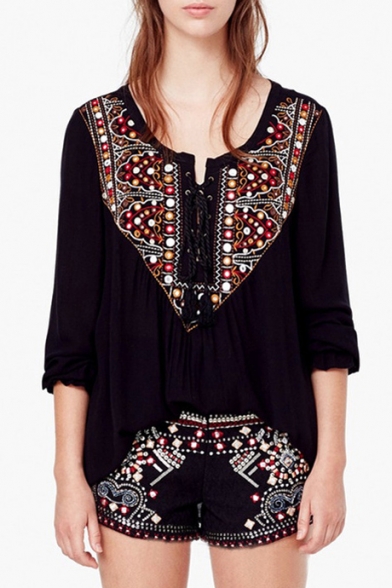 Black Lace up Front Tribal Print/Embroiery Loose Blouse&Tops