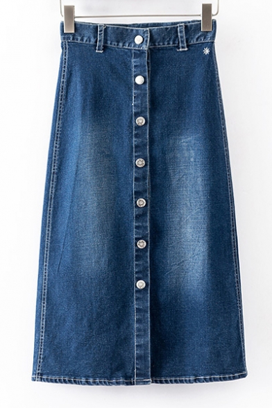 High Waist Button Through Maxi Bleach Denim Skirts