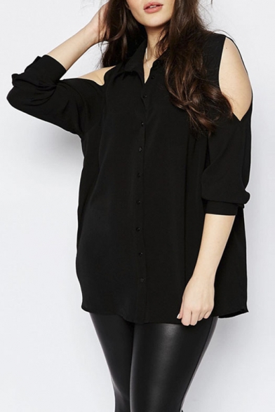 Street Style Black Long Cut Out Sleeves Button Through Loose Blouse&Tops