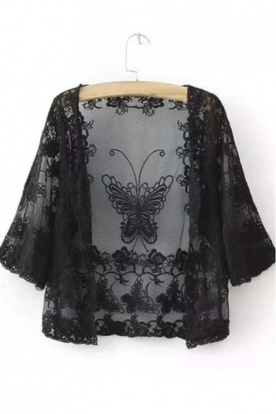 Black Lace Tulle Sheer Butterfly Embroiery Half Sleeves Blouse