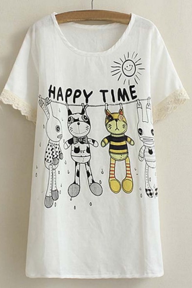 Scoop Neck Funny Cartoon Print Short Sleeves Tee with Lace Embellish
