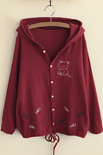 Animal Print Buttondown Drawstring Hoodie Coat