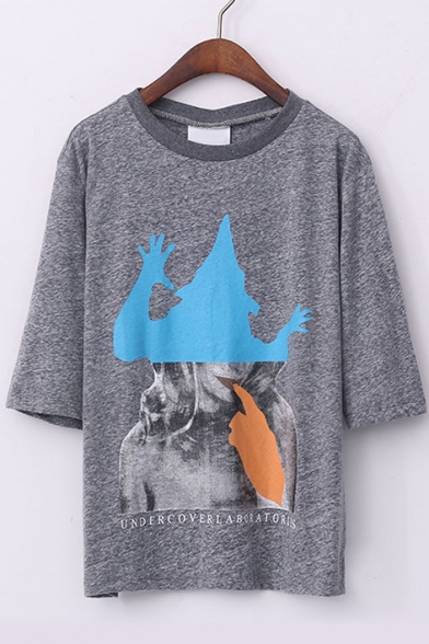 Gray Round 1/2 Sleeves Loose Abstract Character Print Tee