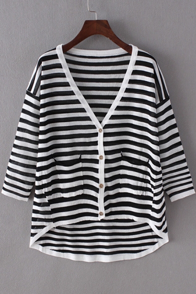 Simple Fashion V-Neck 3/4 Sleeve Striped Button Down Pockets Knit Sweater&Knit Cardigan