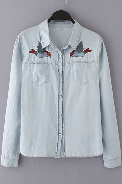 Birds Embroidered Long Sleeves Collared Shirts
