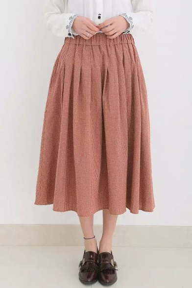 Elastic Waist Plaid Pleat Maxi Girls Skirts