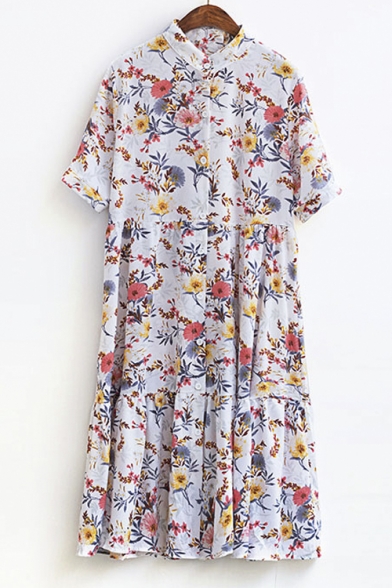 Floral Print Stand Collar Button Down Short Sleeves Midi Smock Dress