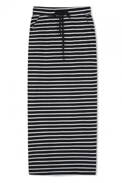 High Waist Elastic Waist Striped Maxi Pencil Skirt