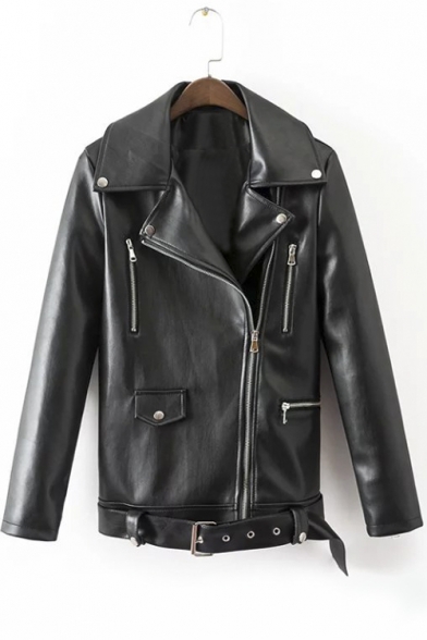 Lady's PU/Leather Lapel Long Sleeves Zipper Boyfriend Style Jackets
