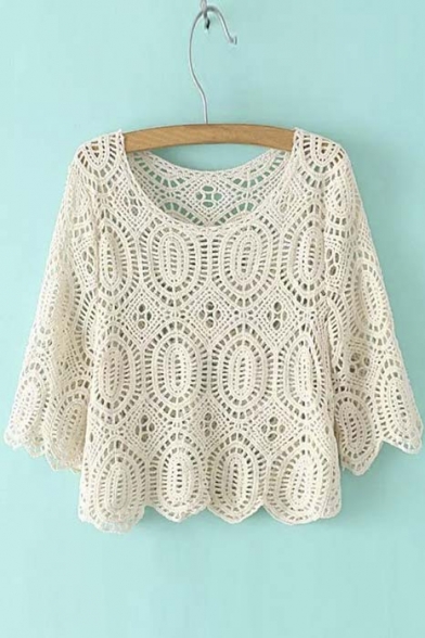 New Fashion Women Casual Clothes Sunflowers Crochet Lace Beige Highquality Shirt