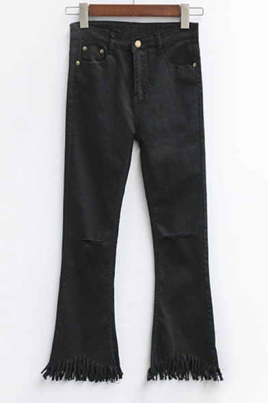 Popular Vintage High Waist Elastic Bootcut Flare Fray Hem Cut Out Knee Plain Denim Crop Jeans