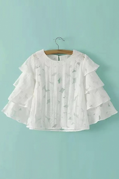 Sweet Round Neck Layer Bell Sleeve Hollow Out Short Blouse