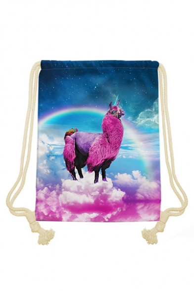 Girl's Fashion Linen Drawstring Backpack with Alpaca Over the Clouds