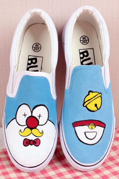 Hand-Painted Doraemon Canvas Round Toe Sneakers For Women