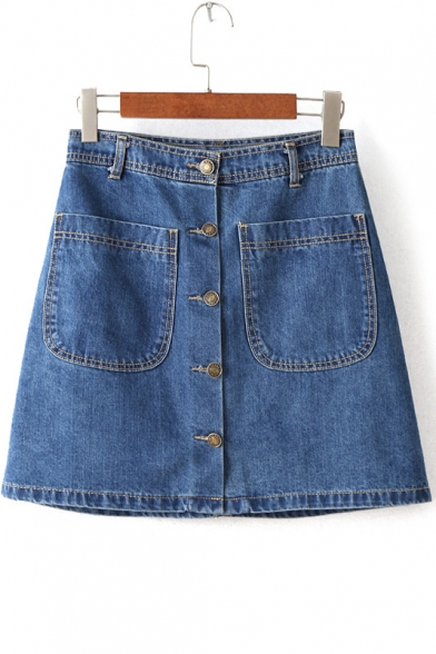 Mini Button Fly Pocket A-Line Denim Skirts
