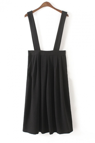 Plain Pleated Midi Skirt with Straps on Shoulder