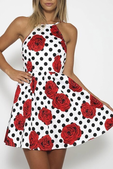 Polka Dot & Rose Print Strappy Mini Dress