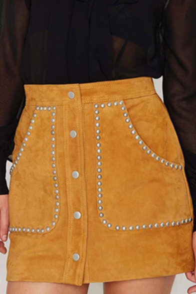 Suede Rivet Detailed Double Pockets Buttons Down Mini Skirt