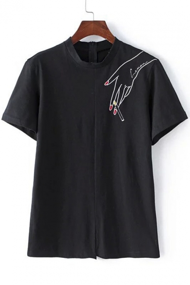 Cartoon Embroidery Stand Collar Zipper Back T-Shirt