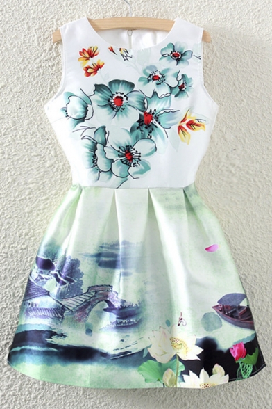 Floral & Painting Print Round Neck Sleeveless Dress