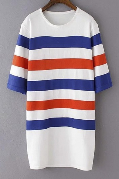 Free Draping Chic Round Neck Half Sleeve Striped Color Block Maxi Dress