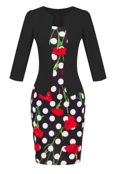 Notched 3/4 Sleeve Floral & Dot Print Bodycon