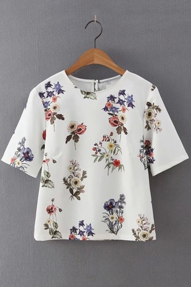 Spring Popular Round Neck Short Sleeves Floral Print Crop Top&Tee ...