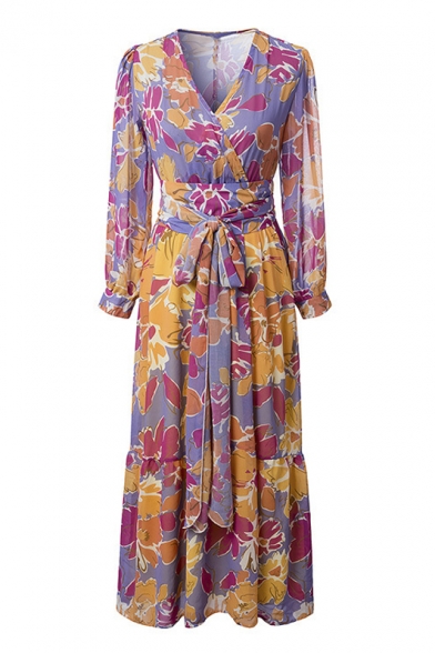 Chic V-Neck Long Sleeve Floral Print Wrap Over Sash Maxi Loose Dress