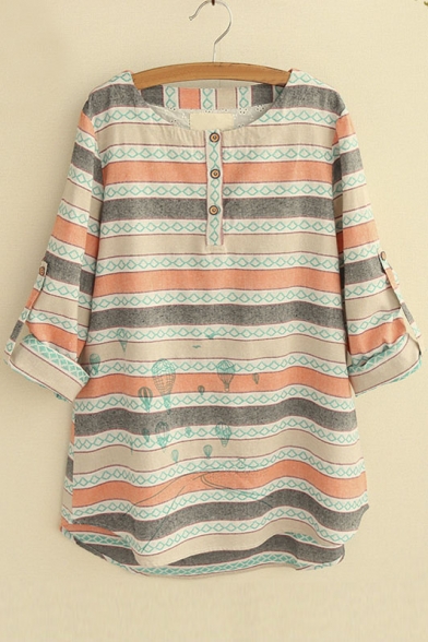 Colored Printed Button Front Dip Hem Boxy Blouse