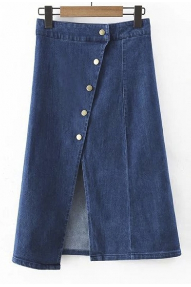 Plain High Waist Button Fly Split Front Elastic A-Line Maxi Denim Skirts