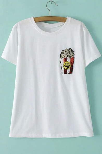 Cartoon Embroidery Round Neck Short Sleeves T-Shirt