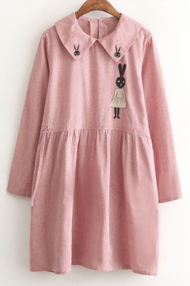 Cute Lapel Long Sleeves Cartoon Embellish Midi Smock Dress