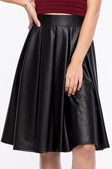 Elastic Waist Black PU /Leather Midi Chic Full Skirt