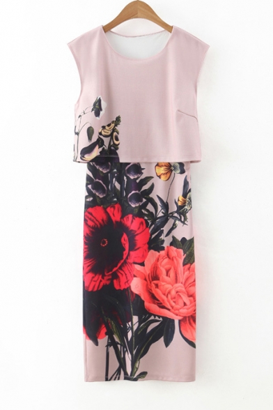 Round Neck Sleeveless Floral Print Layered Dress