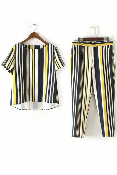 Simple Fashion Striped Color Block Boat Neck Short Sleeve Tops With Tapered Pants Co-ords