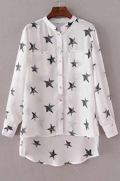Stand Collar Chest Pockets Star Print Dip Hem Shirt