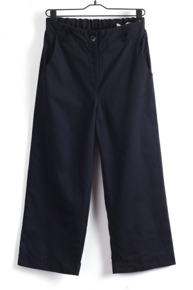 High Waist Cotton Plain Single Button Wide Leg Crop Pants