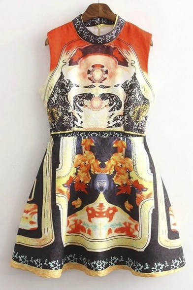 Stand Collar Totem Print Sleeveless A-Line Mini Dress