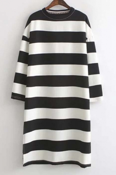 Stripes Round Neck Long Sleeves Split Hem Dress