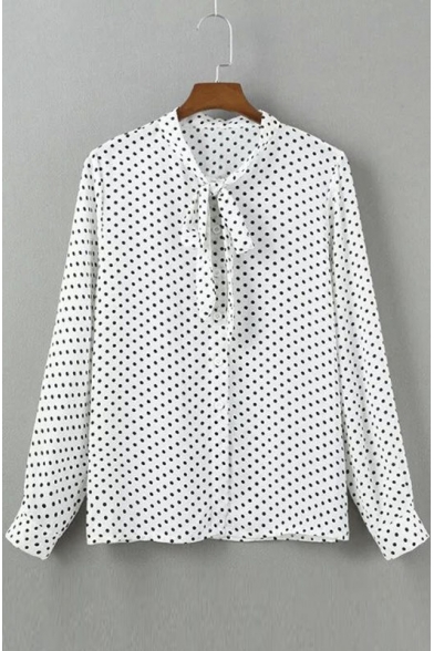 Tie-Neck Polka Dot Long Sleeves Lady's Chic Blouse&Tops