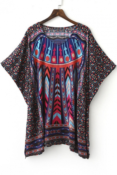 V-Neck Batwing Sleeve Tribal Print Loose Dress