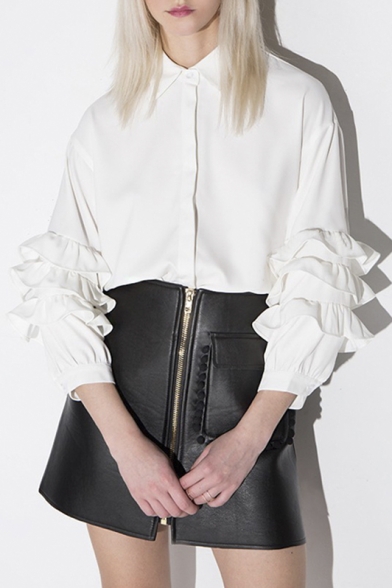 Fashion Icon Simple Vintage Blouson Sleeve Ruffle Long Sleeve Loose Plain Blouse &Tops