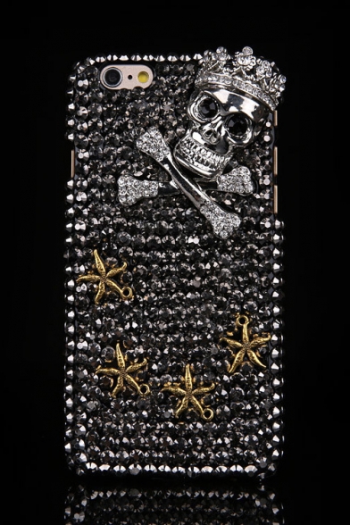 Black 3D Skull & Seastar Pattern Rhinestones Rivet Design Hard Case for iPhone